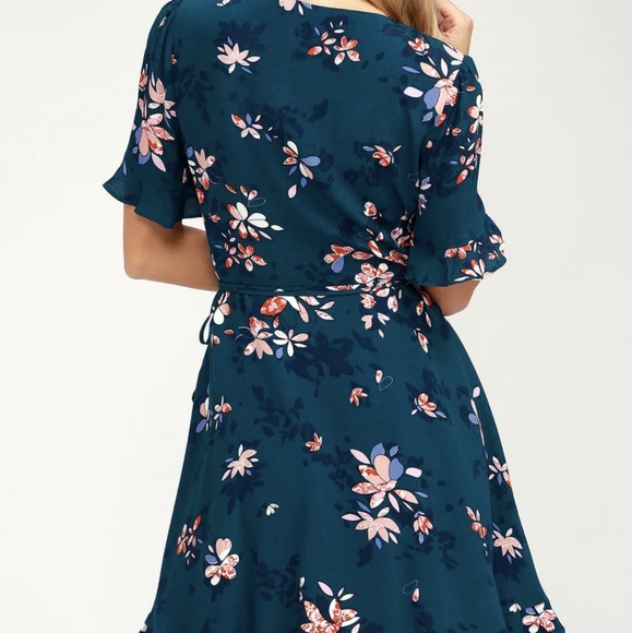 Teal Blue Floral Print Ruffled Wrap Dress, Size Small - Picture 3 of 7